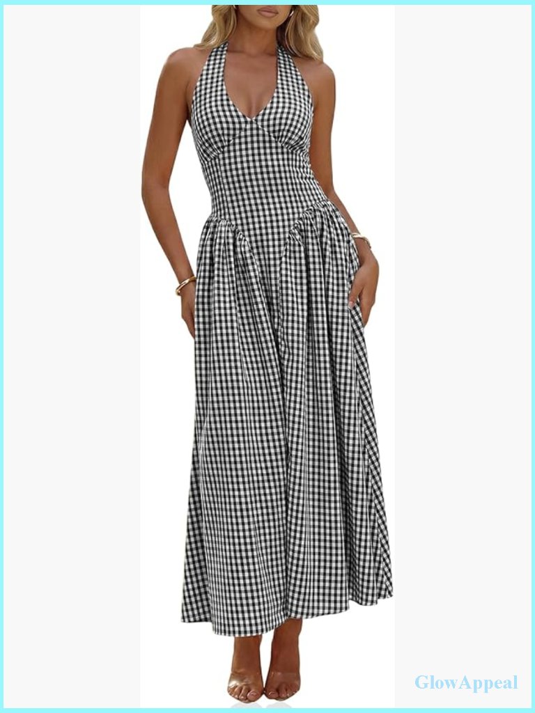 Halter V Neck Corset Maxi Dress Plaid Smocked Tie Back Backless Wedding Guest
